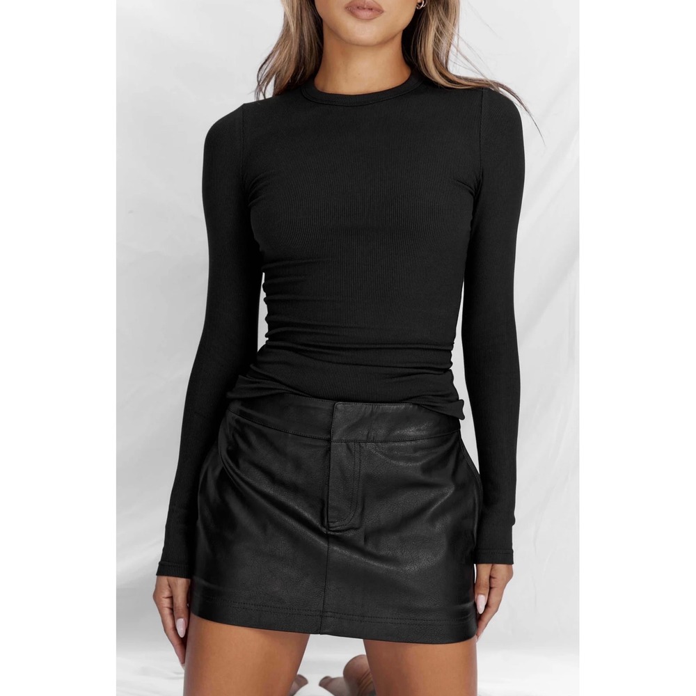 All Things Golden Womens Black Ribbed Long Sleeve Crew Neck Slim Fit Top Size S